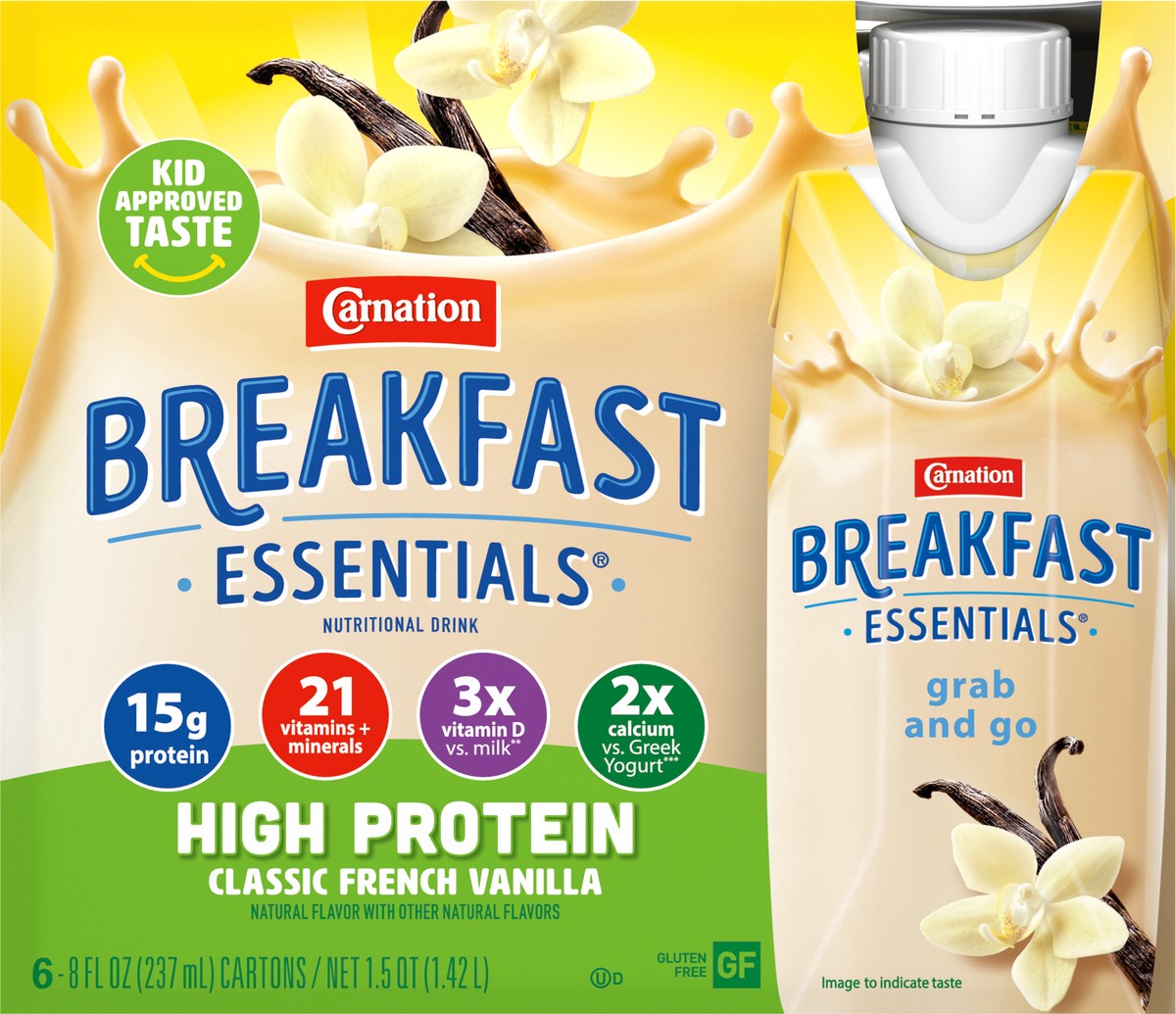 slide 5 of 9, Carnation Breakfast Essentials High Protein Nutritional Drink, Classic French Vanilla, 13 g Protein, 6 - 8 fl oz Cartons - 48 fl oz, 6 ct; 8 fl oz