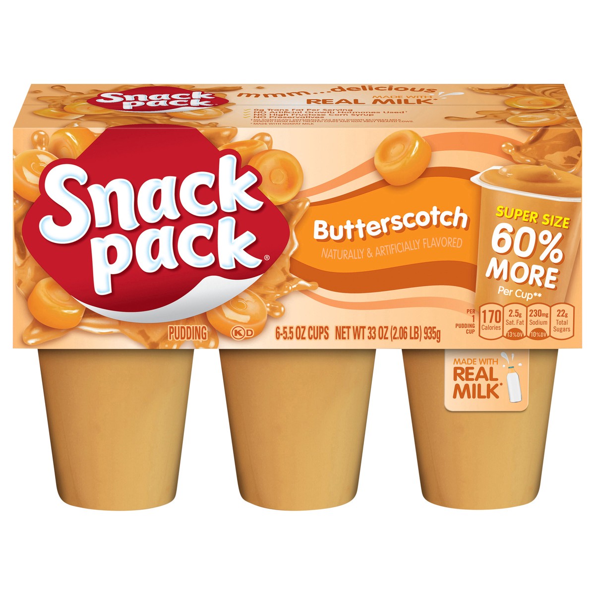 slide 1 of 5, Snack Pack Super Size Butterscotch Pudding, 5.5 oz Pudding Cups, 6 Count, 6 ct