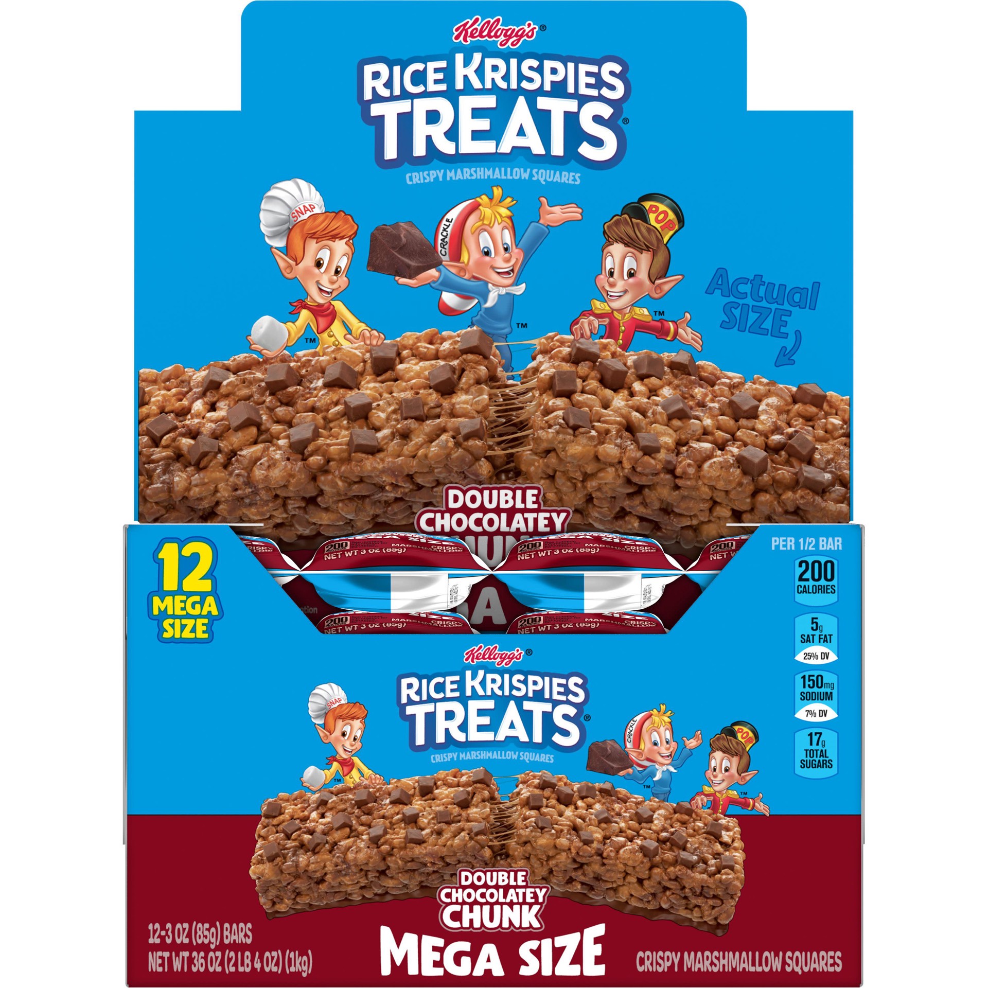 slide 1 of 5, Rice Krispies Treats Kellogg's Rice Krispies Treats Mega Bars Marshmallow Snack Bars, Double Chocolatey Chunk, 36 oz, 12 Count, 36 oz