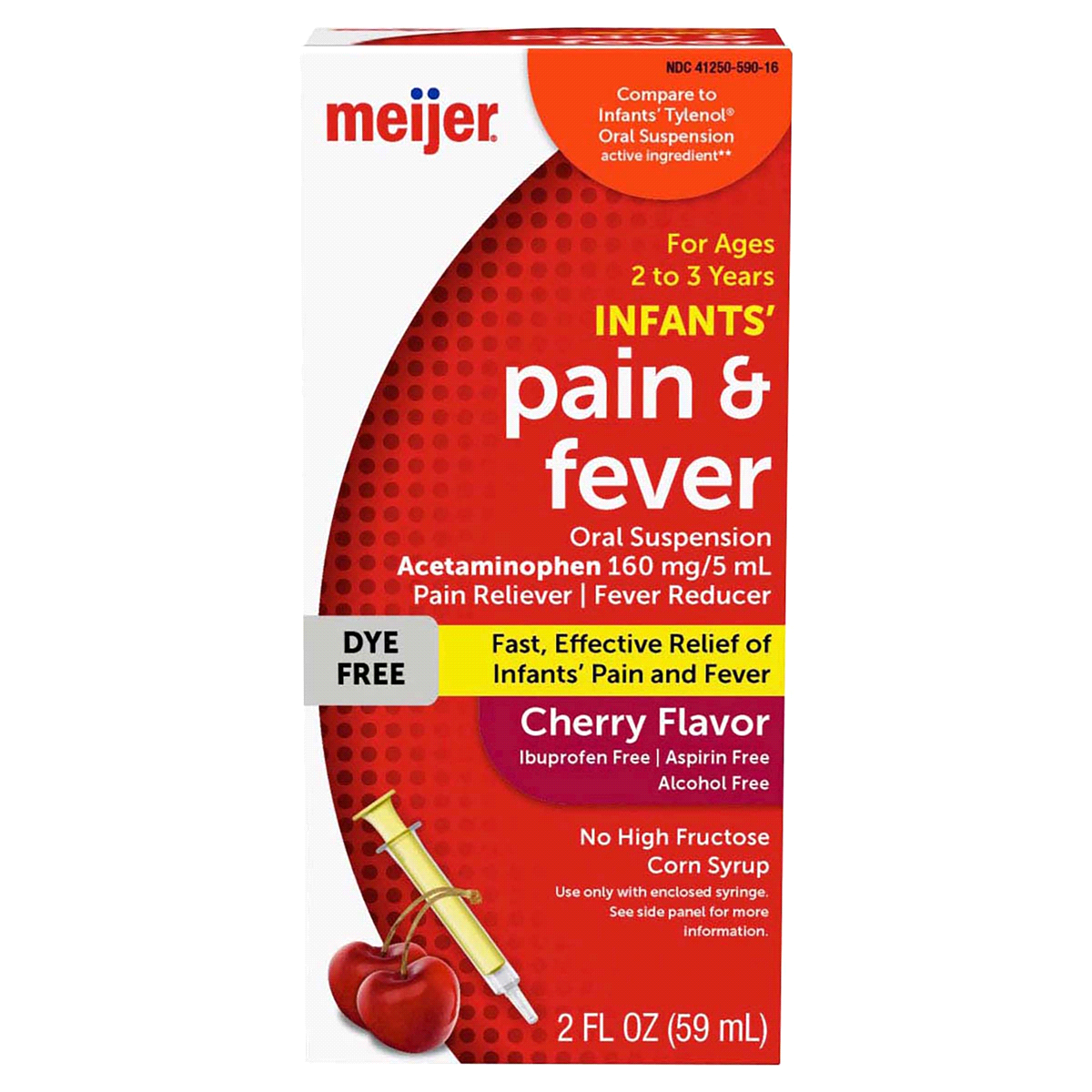 slide 1 of 29, Meijer Infants' Pain & Fever, Acetaminophen per, Suspension Liquid, Dye-Free Cherry Flavor, 160 mg, 5 ml, 2 oz