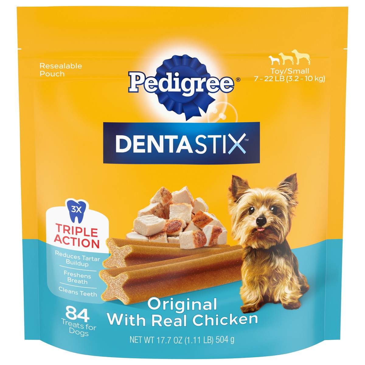 slide 1 of 6, Dentastix Toy/Small 7-22 lb (3.2 - 10 kg) Original with Real Chicken Dog Treats 84 ea, 84 ct