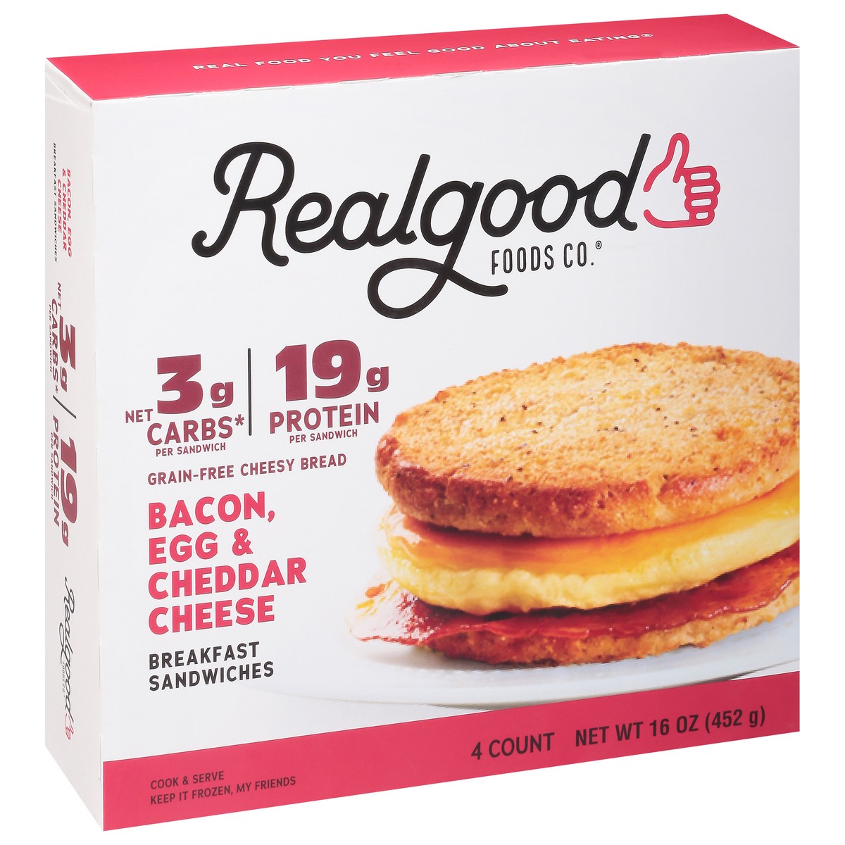 slide 2 of 9, Realgood Real Good Foods frozen bacon, egg & cheddar cheese breakfast sandwiches, 16 oz