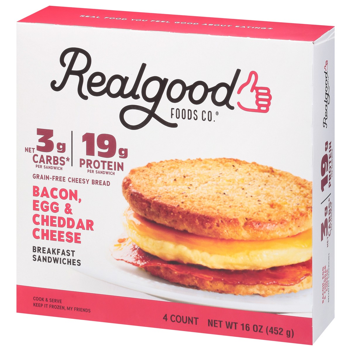 slide 3 of 9, Realgood Real Good Foods frozen bacon, egg & cheddar cheese breakfast sandwiches, 16 oz