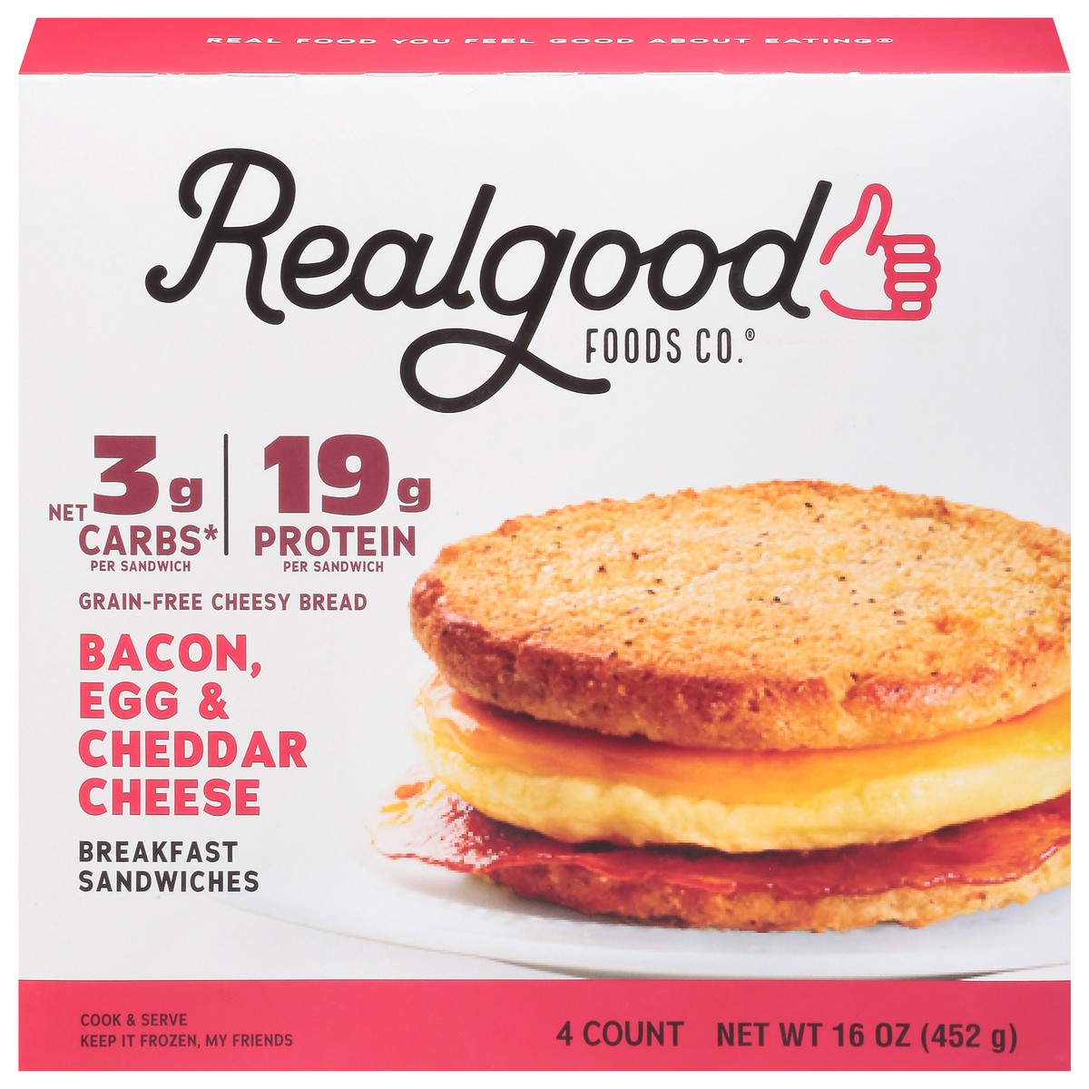 slide 1 of 9, Realgood Real Good Foods frozen bacon, egg & cheddar cheese breakfast sandwiches, 16 oz
