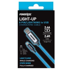 slide 1 of 1, PowerXcel Light-Up 8 Pin/Lightning To USB Charge/Sync Cable Blue, 1 ct