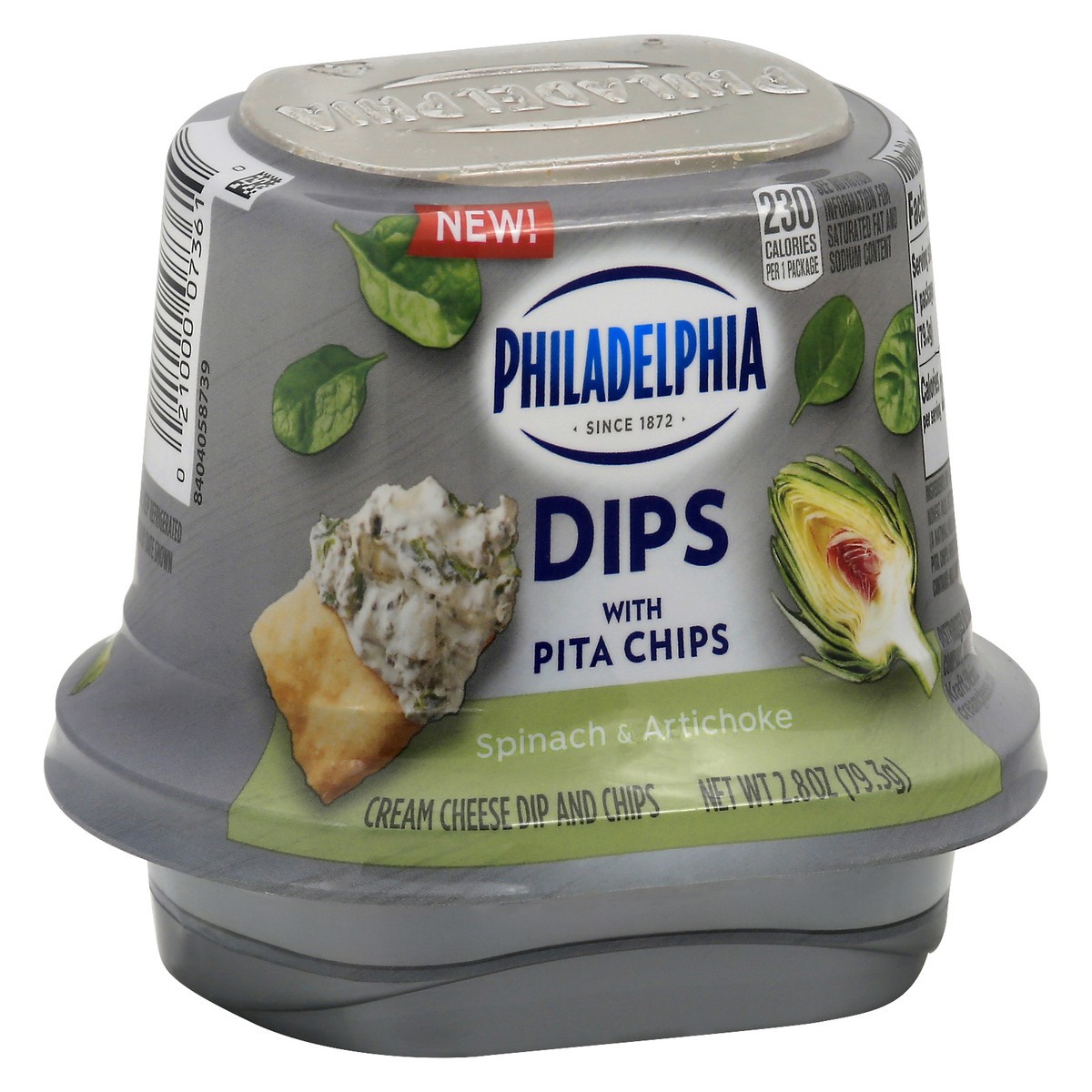 slide 4 of 10, Philadelphia Dips Spinach Artichoke Cream Cheese Dip with Pita Chips, 2.8 oz Cup, 2.8 oz