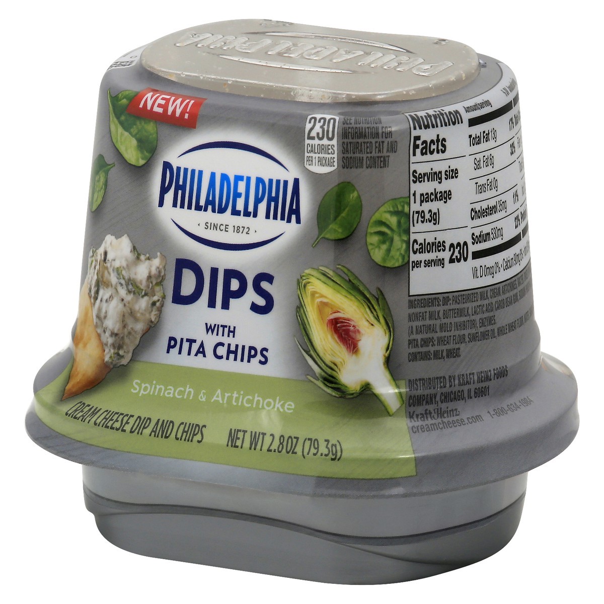 slide 2 of 10, Philadelphia Dips Spinach Artichoke Cream Cheese Dip with Pita Chips, 2.8 oz Cup, 2.8 oz