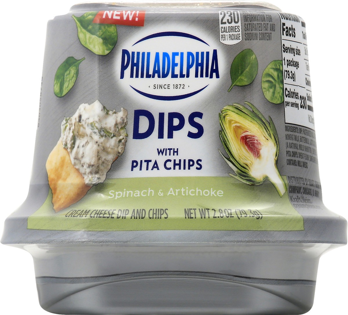 slide 9 of 10, Philadelphia Dips Spinach Artichoke Cream Cheese Dip with Pita Chips, 2.8 oz Cup, 2.8 oz