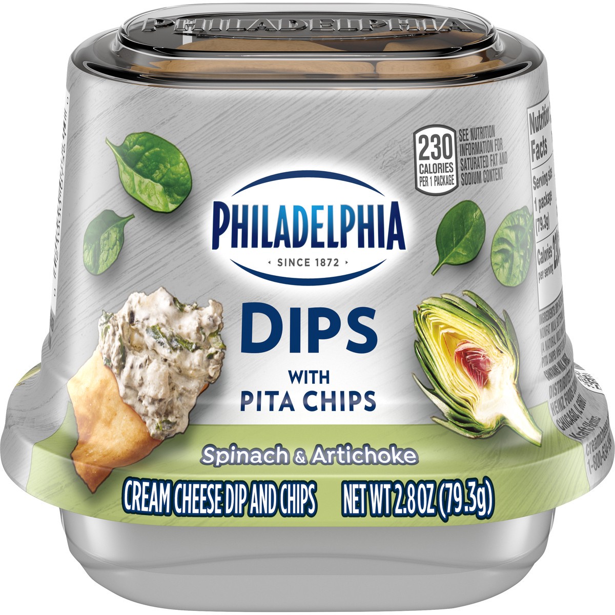 slide 1 of 10, Philadelphia Dips Spinach Artichoke Cream Cheese Dip with Pita Chips, 2.8 oz Cup, 2.8 oz