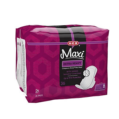 slide 1 of 1, H-E-B Maxi Extra Heavy Overnight Pads With Wings, 36 ct