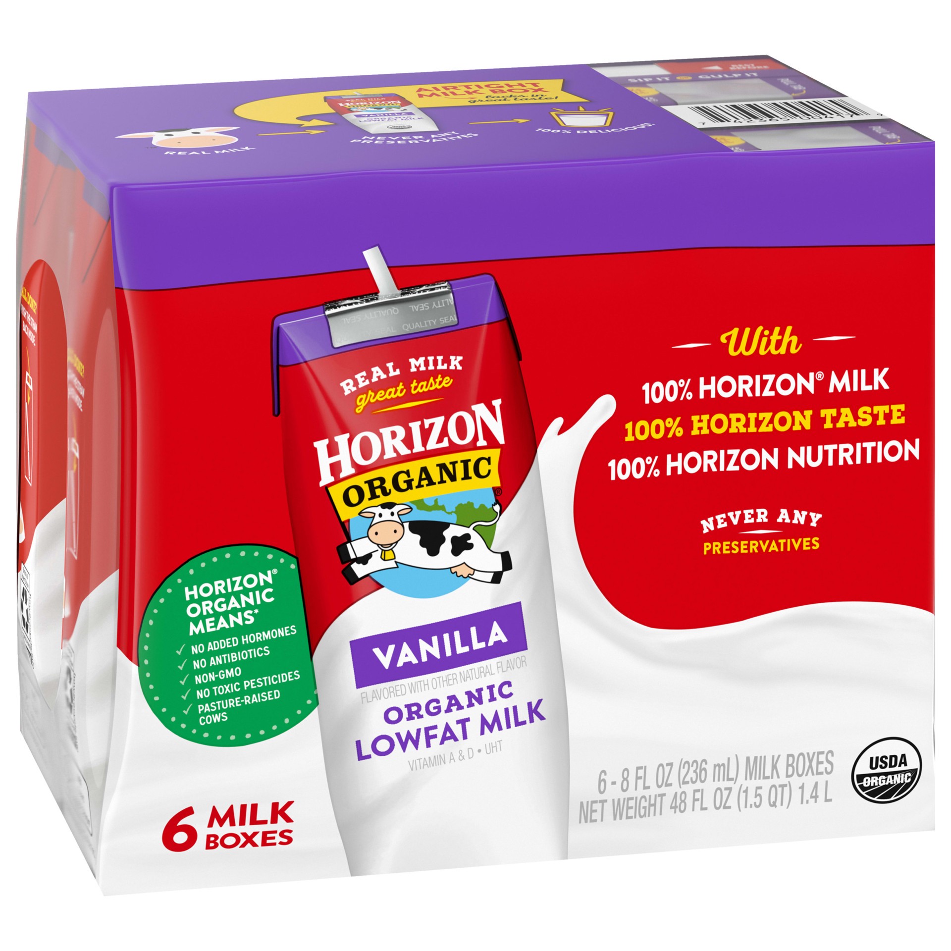 slide 3 of 5, Horizon Organic Shelf-Stable 1% Low Fat Milk Boxes, Vanilla, 8 oz., 6 Pack, 48 fl oz