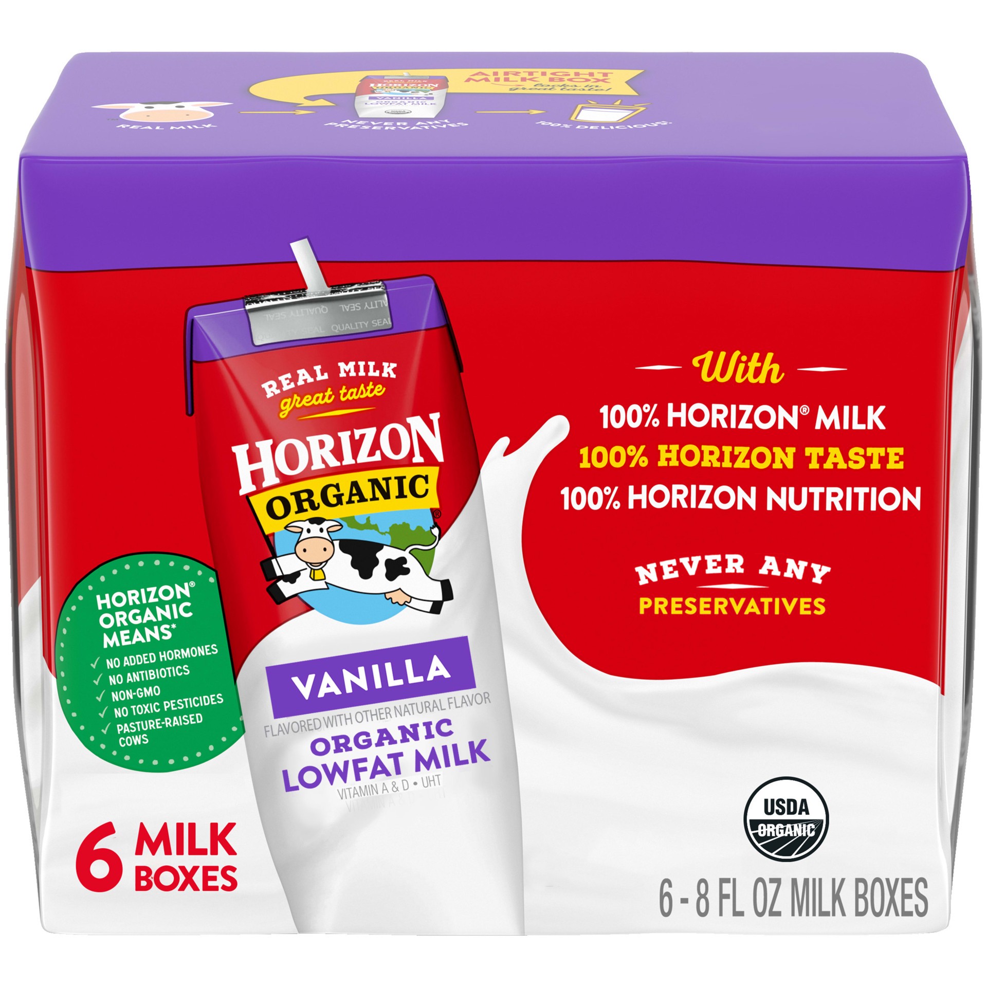 slide 1 of 5, Horizon Organic Shelf-Stable 1% Low Fat Milk Boxes, Vanilla, 8 oz., 6 Pack, 48 fl oz