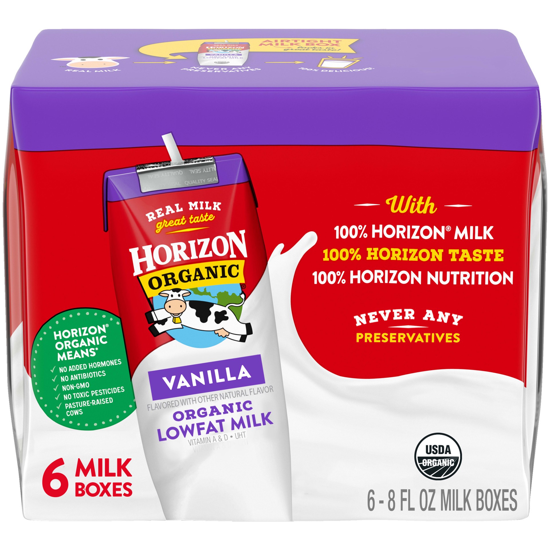 slide 1 of 5, Horizon Organic Shelf-Stable 1% Low Fat milk Boxes, Vanilla, 8 oz., 6 Pack, 6 ct; 8 oz