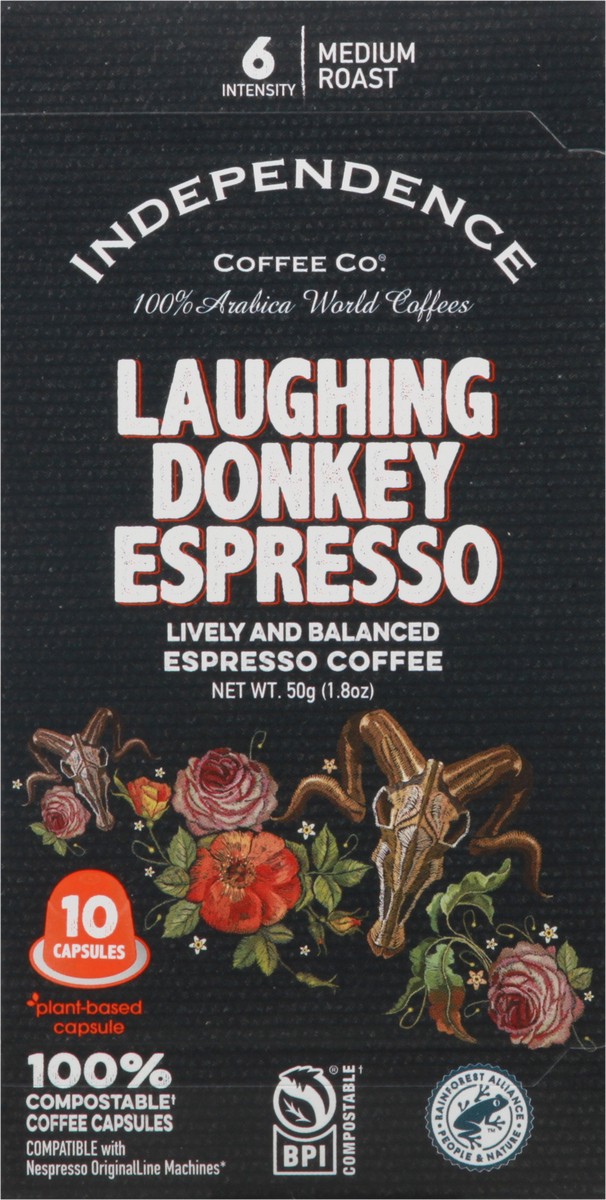 slide 2 of 12, Independence Coffee Co. Medium Roast Lively & Balanced Laughing Donkey Espresso Coffee- 10 ct, 10 ct