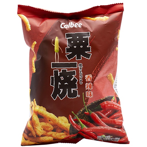 slide 1 of 1, Calbee Hot & Spicy Flavoured Grill-A-Corn, 80 gram