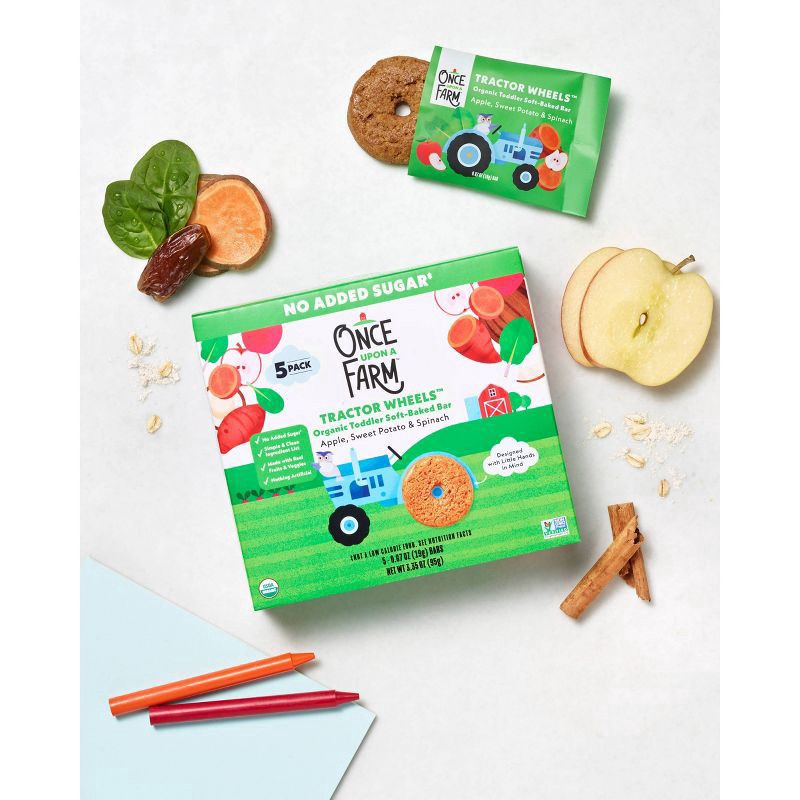 slide 5 of 8, Once Upon a Farm Organic Tractor Wheels Toddler Bar, Apple, Sweet Potato & Spinach, 5ct, 5 ct
