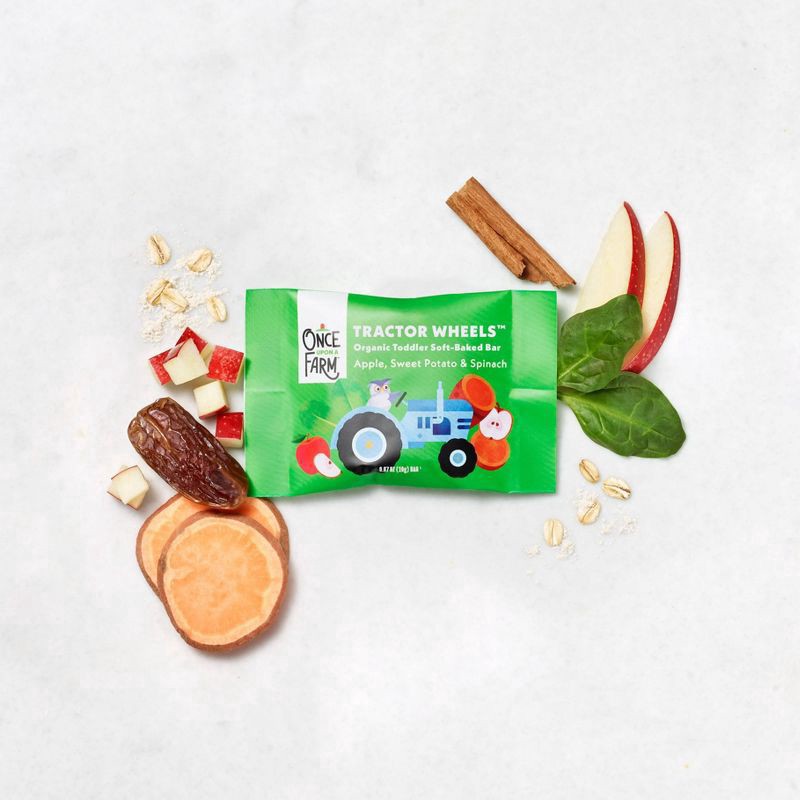slide 2 of 8, Once Upon a Farm Organic Tractor Wheels Toddler Bar, Apple, Sweet Potato & Spinach, 5ct, 5 ct