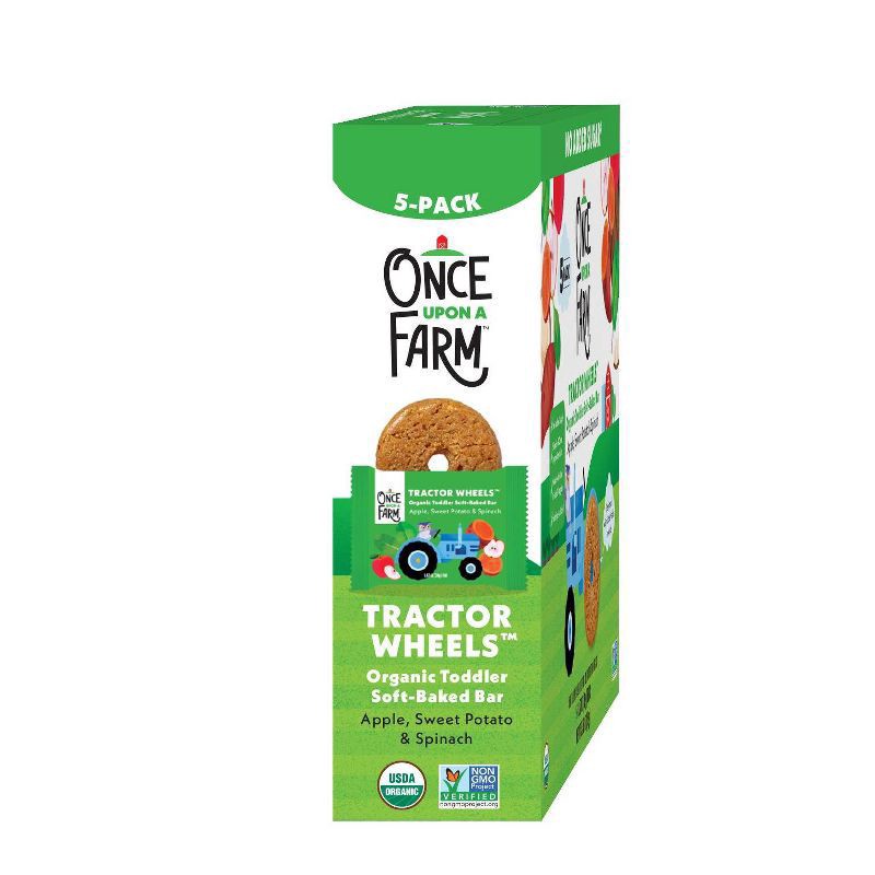 slide 8 of 8, Once Upon a Farm Organic Tractor Wheels Toddler Bar, Apple, Sweet Potato & Spinach, 5ct, 5 ct