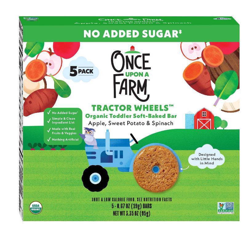slide 1 of 8, Once Upon a Farm Organic Tractor Wheels Toddler Bar, Apple, Sweet Potato & Spinach, 5ct, 5 ct