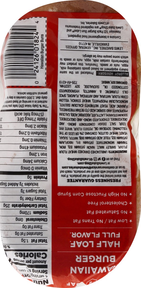 slide 8 of 9, Lewis Bakeries Hawaiian Half Pack Burger Buns, 7.5 oz, 4 Count, 7.5 oz