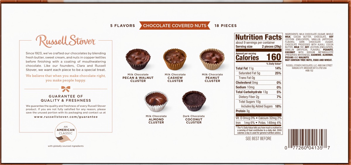 slide 2 of 8, RUSSELL STOVER Christmas Chocolate Covered Nuts Assortment in Milk & Dark Chocolate Gift Box, 9 oz. (18 pieces), 18 ct