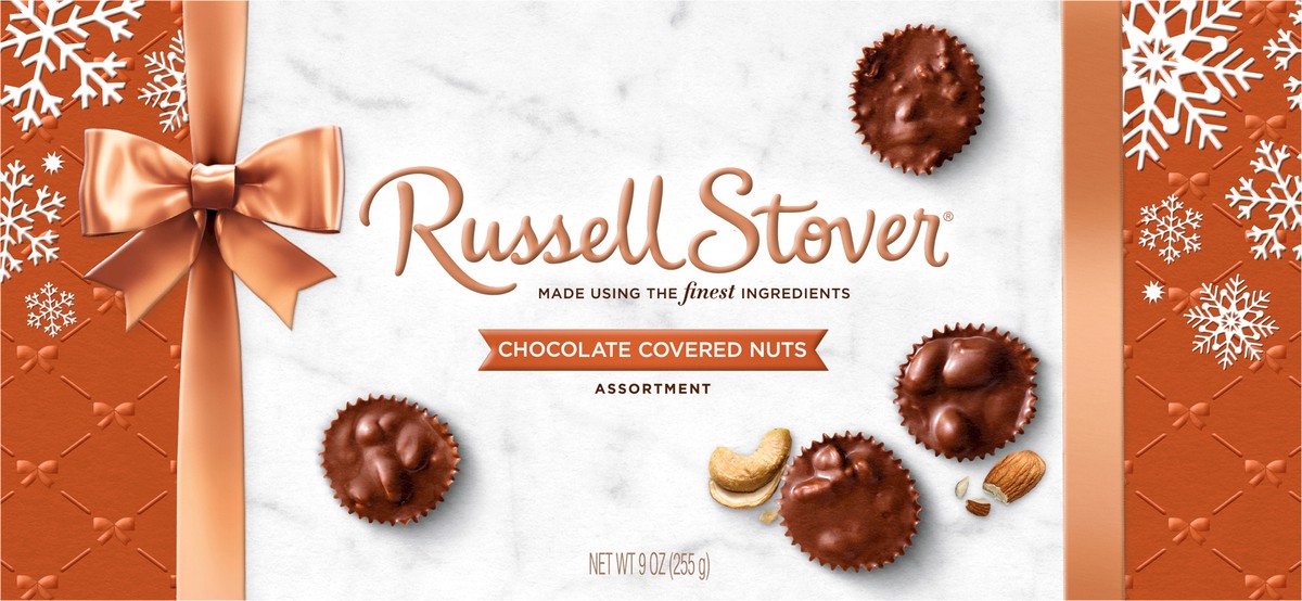 slide 3 of 8, RUSSELL STOVER Christmas Chocolate Covered Nuts Assortment in Milk & Dark Chocolate Gift Box, 9 oz. (18 pieces), 18 ct