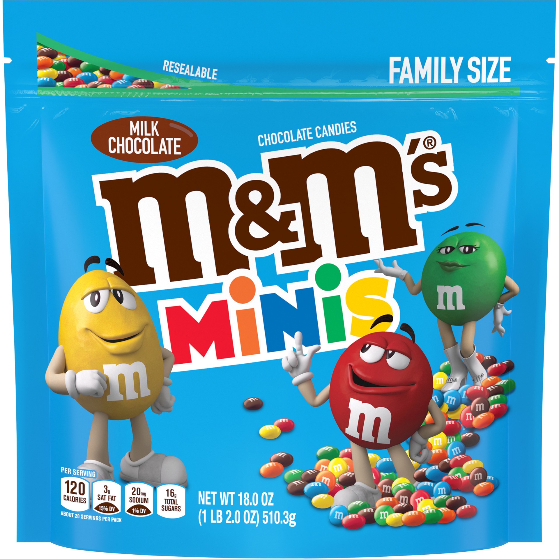 slide 1 of 8, M&M's MINIS Milk Chocolate Candy, Family Size, 18 oz Bag, 18 oz