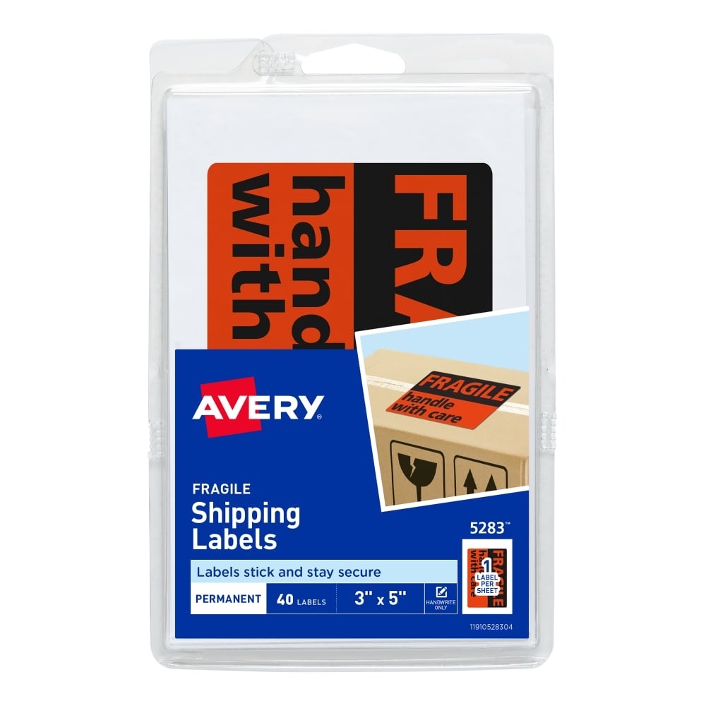 slide 1 of 1, Avery Fragile Handle With Care Labels - Neon Red, 40 ct