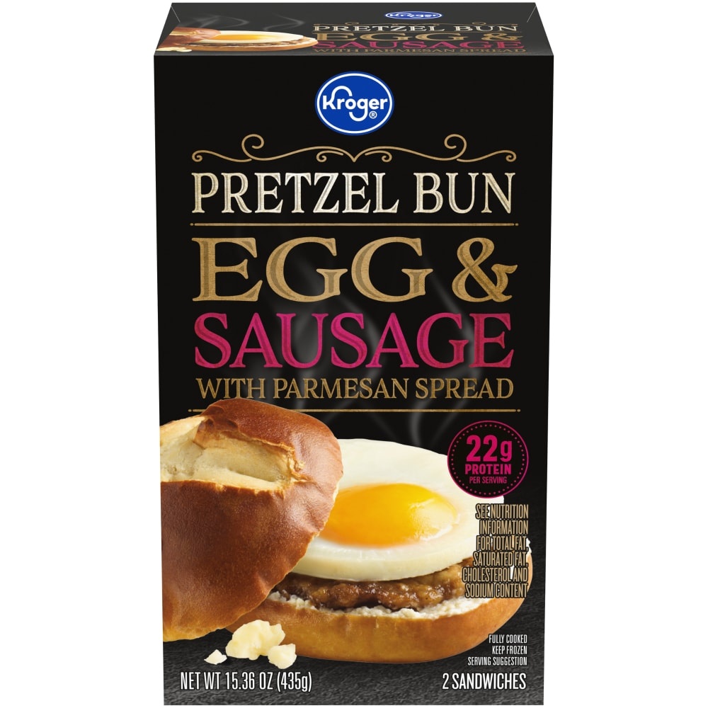 slide 1 of 1, Kroger Pretzel Bun Egg & Sausage Breakfast Sandwich, 2 ct  15.36 oz