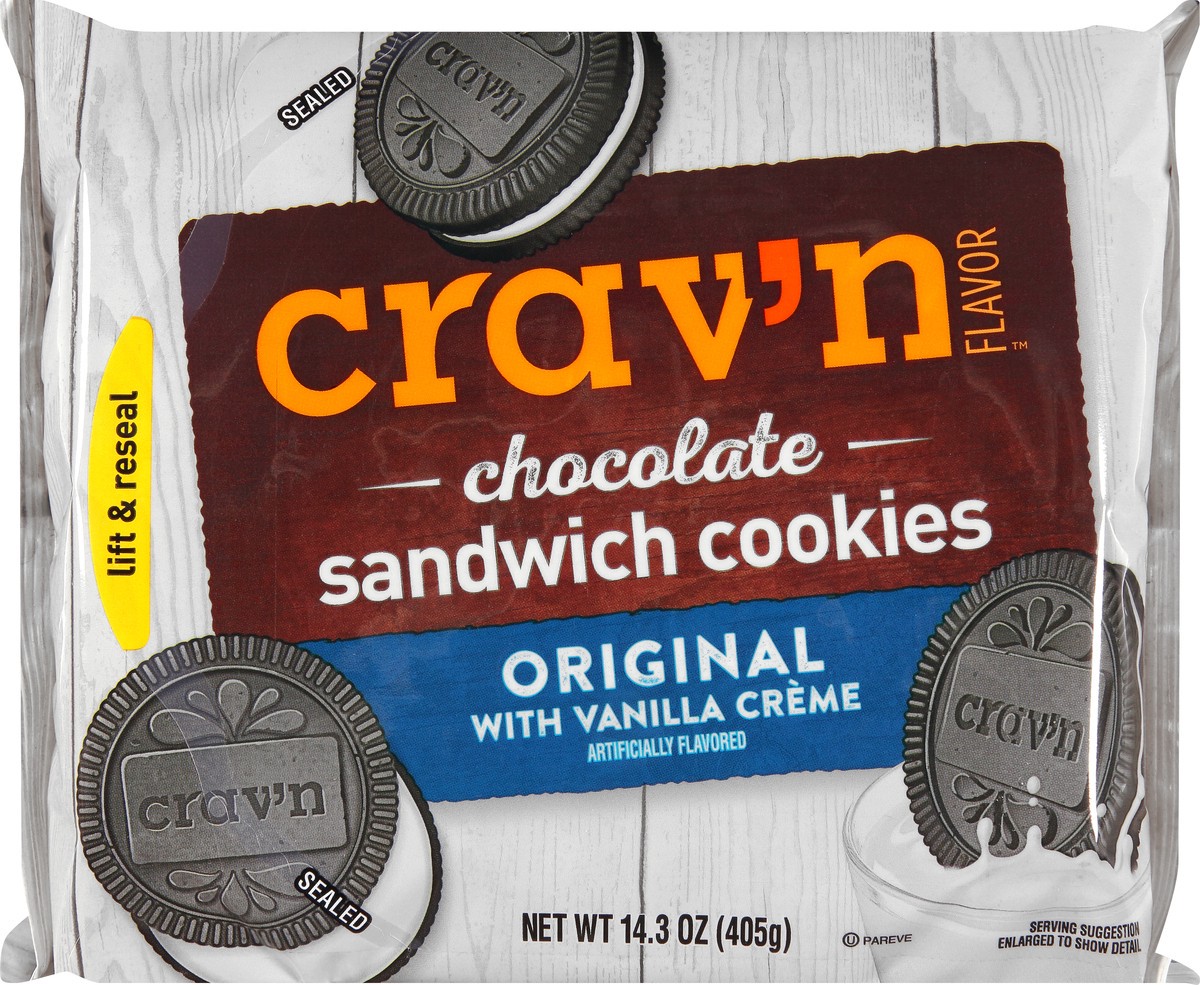 slide 9 of 10, Crav'n Flavor Original with Vanilla Creme Chocolate Sandwich Cookies, 14.3 oz