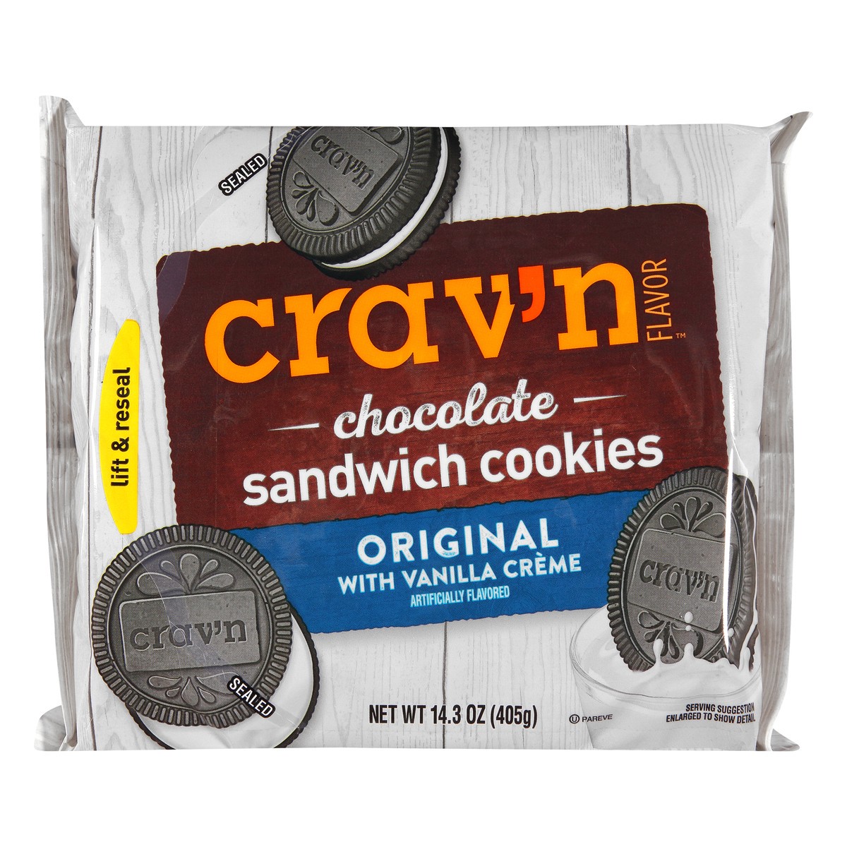 slide 1 of 10, Crav'n Flavor Original with Vanilla Creme Chocolate Sandwich Cookies, 14.3 oz