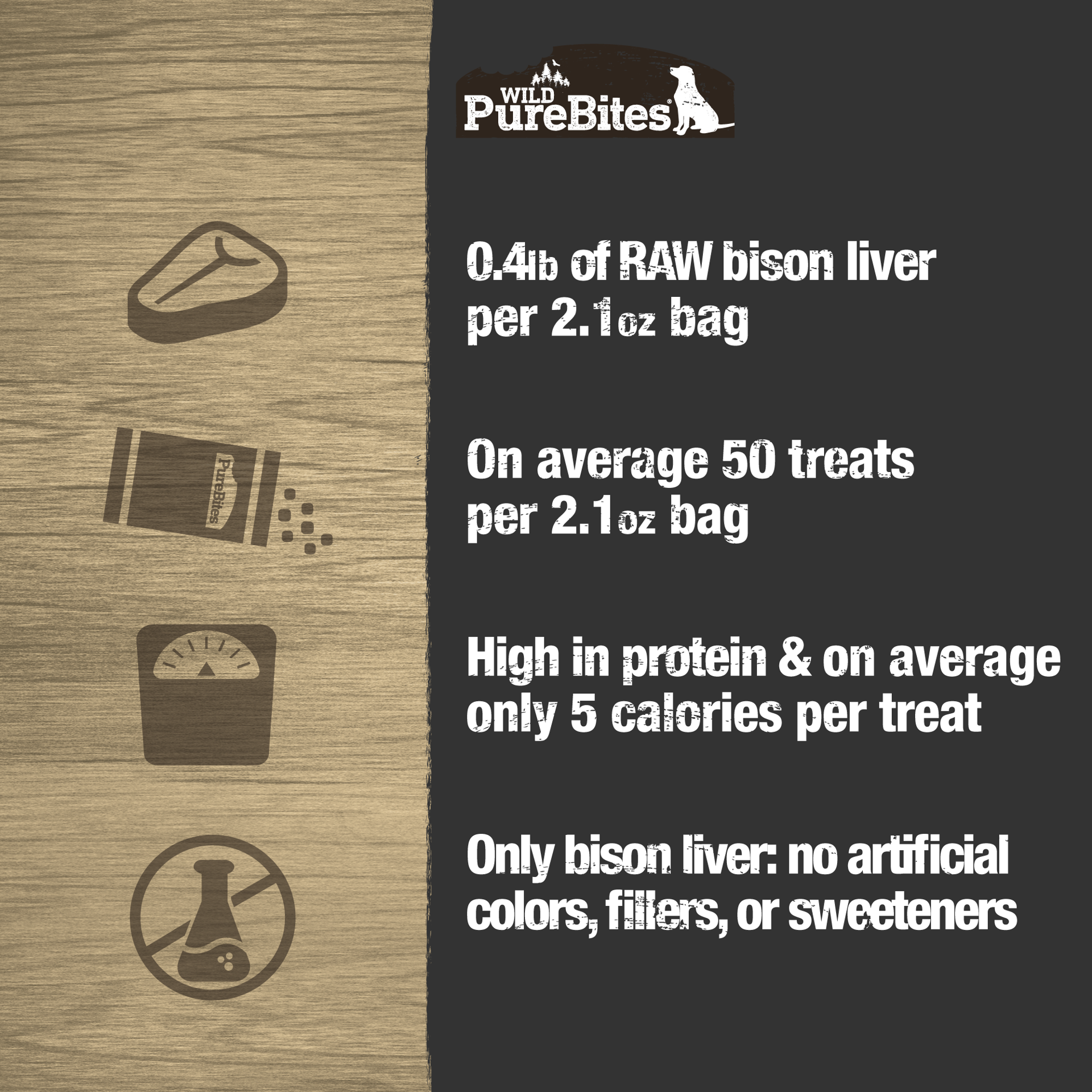 slide 4 of 5, PureBites Freeze Dried Bison Liver Dog Treats 60g | 1 Ingredient | Made in USA, 60 gram