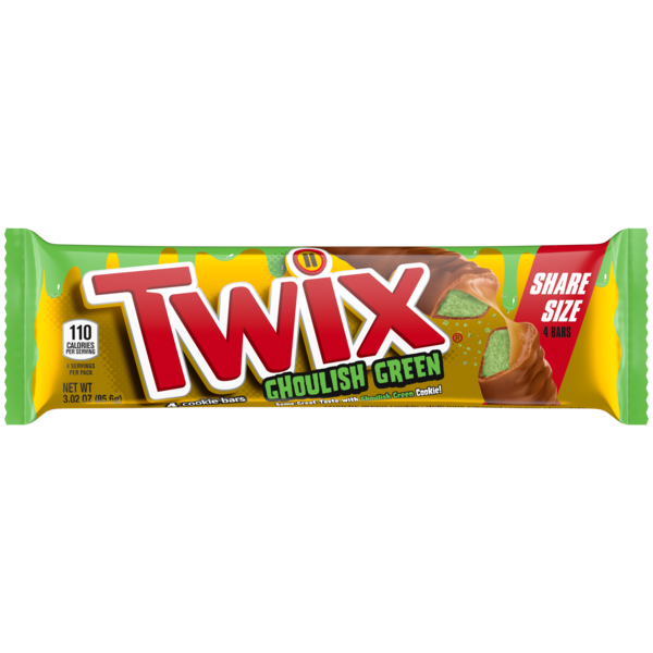 slide 1 of 1, TWIX Caramel Ghoulish Green Halloween Candy Bars, Share Size, 3.02 Oz, 3.02 oz