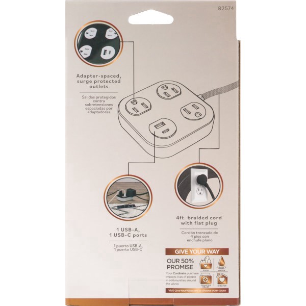 slide 2 of 4, Cordinate Adapt 82574 3-Outlet Surge Protector, 4' Cord, Black/Gray, 1 ct