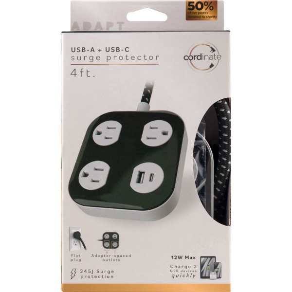 slide 4 of 4, Cordinate Adapt 82574 3-Outlet Surge Protector, 4' Cord, Black/Gray, 1 ct