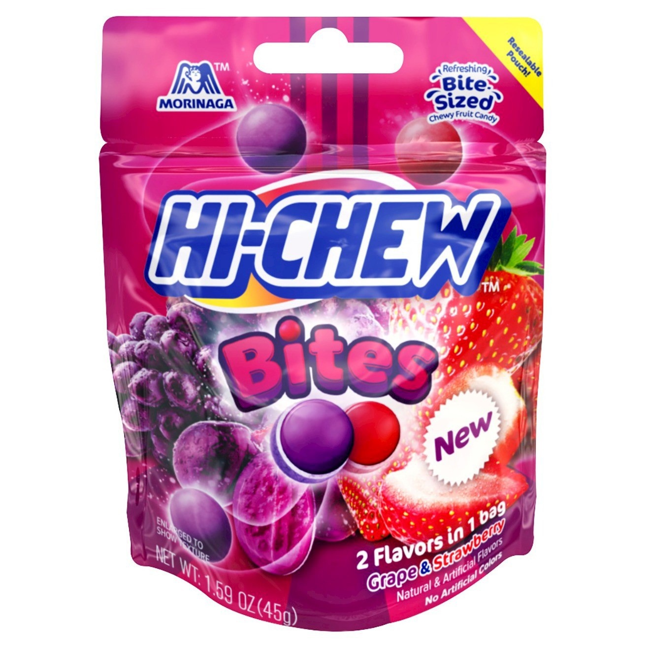 slide 1 of 2, Morinaga HI-CHEW Bites Grape & Strawberry Chewy Fruit Candy, 1.59 oz