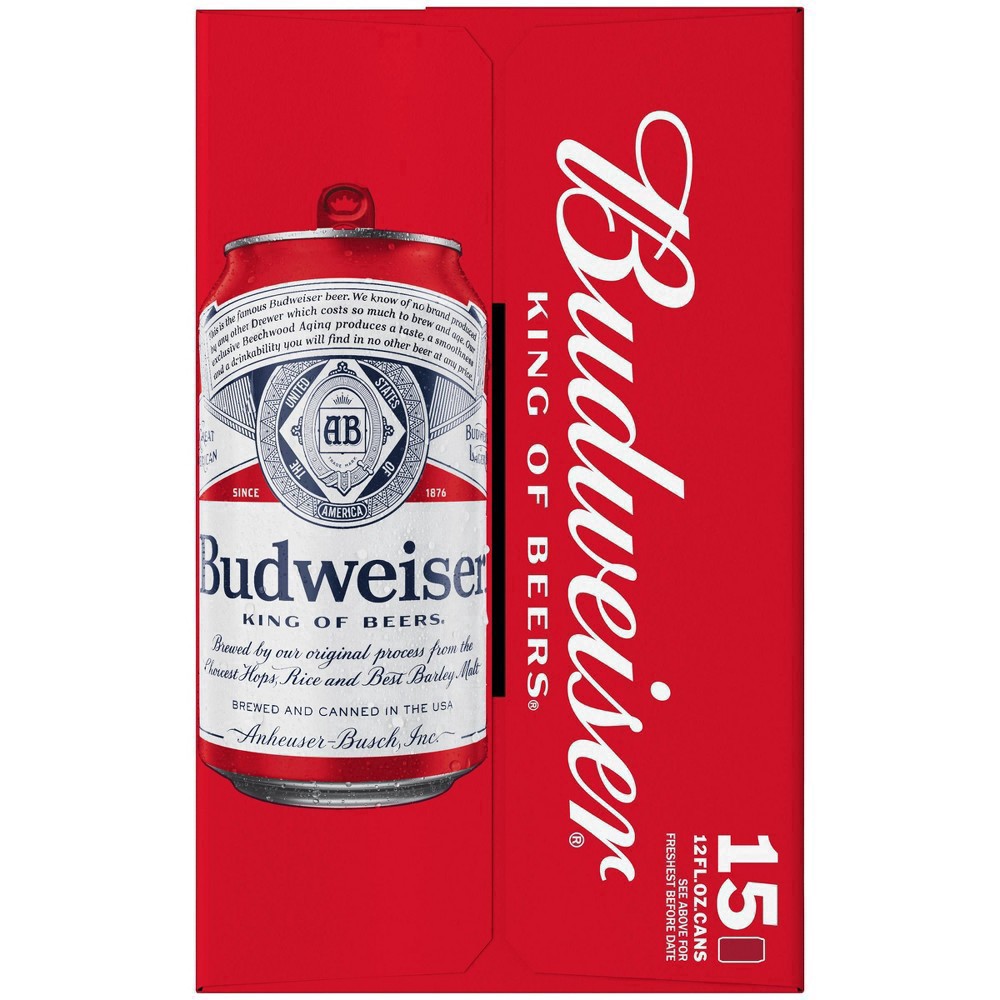 slide 22 of 43, Budweiser Beer, 15 Pack Beer, 12 fl oz Cans, 15 ct