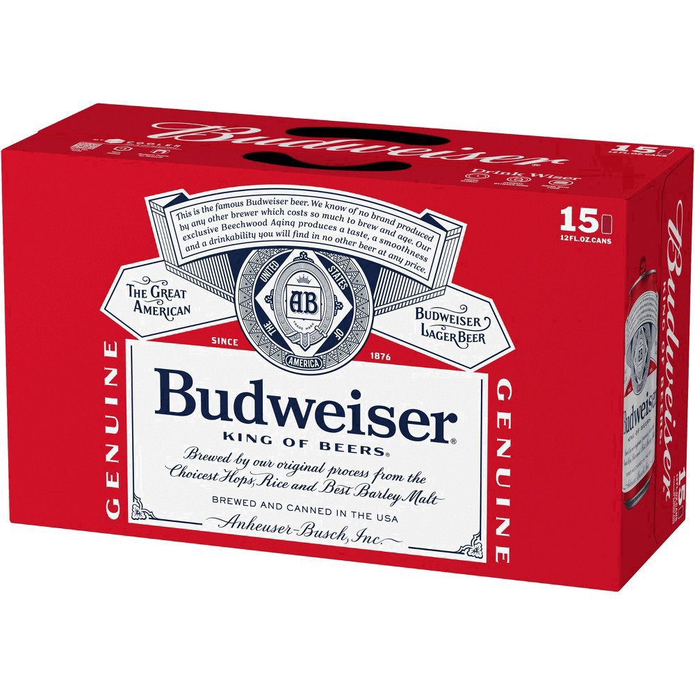 slide 18 of 43, Budweiser Beer, 15 Pack Beer, 12 fl oz Cans, 15 ct