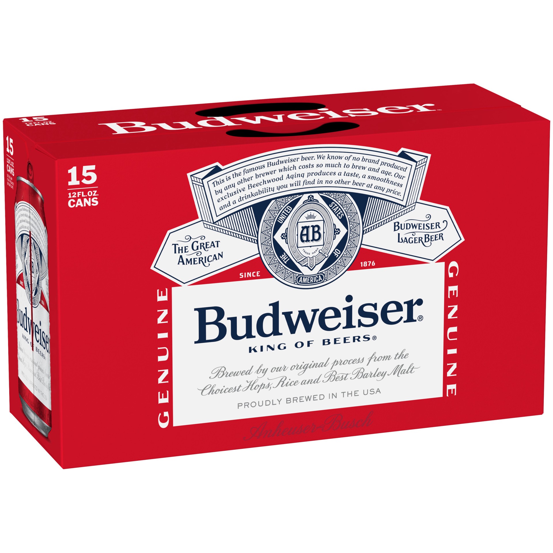 slide 1 of 43, Budweiser American Lager Beer 15 Pack, 12 fl oz Cans, 180 fl oz