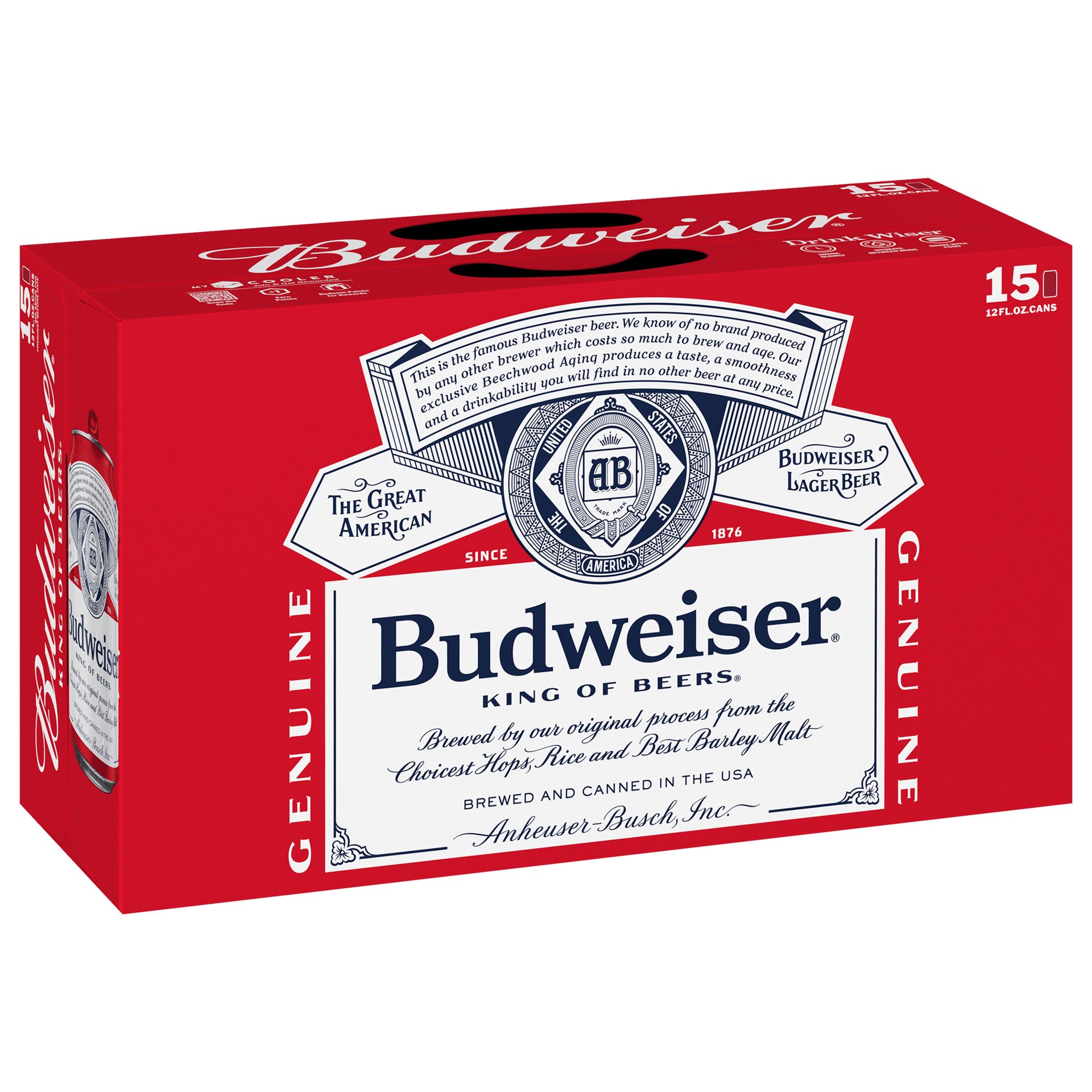 slide 1 of 43, Budweiser Beer, 15 Pack Beer, 12 FL OZ Cans, 180 fl oz