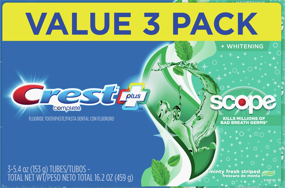 slide 2 of 3, Crest + Scope Complete Whitening Toothpaste, Minty Fresh, 5.4 oz, Pack of 3, 3 ct