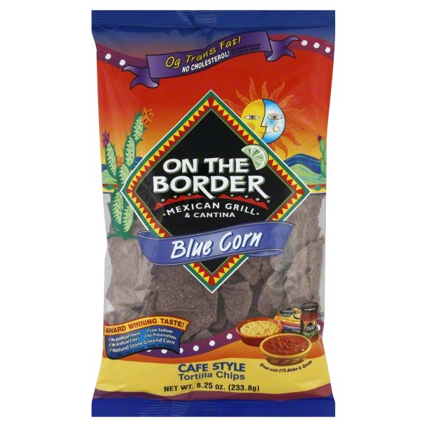 slide 1 of 1, On The Border Tortilla Chips, Blue Corn, Cafe Style, 8.25 oz