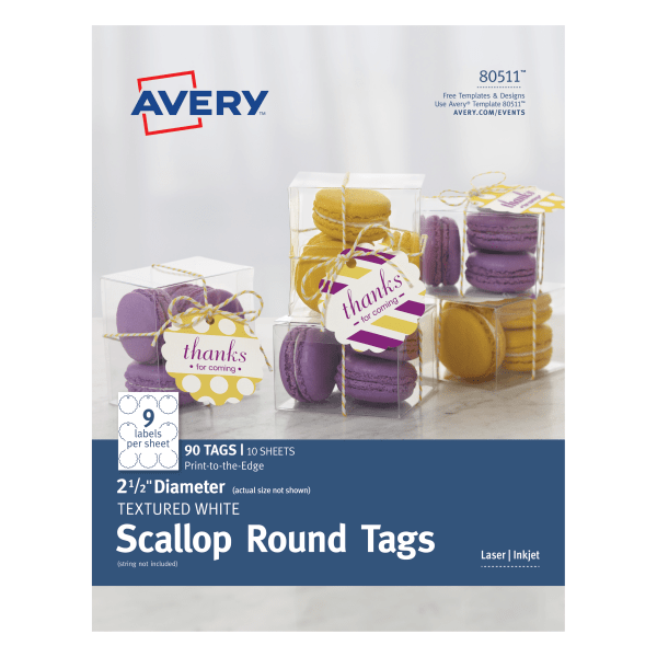 slide 1 of 1, Avery Printable Textured Scallop Round Tags, 2 1/2'' Diameter, White, Pack Of 90, 90 ct