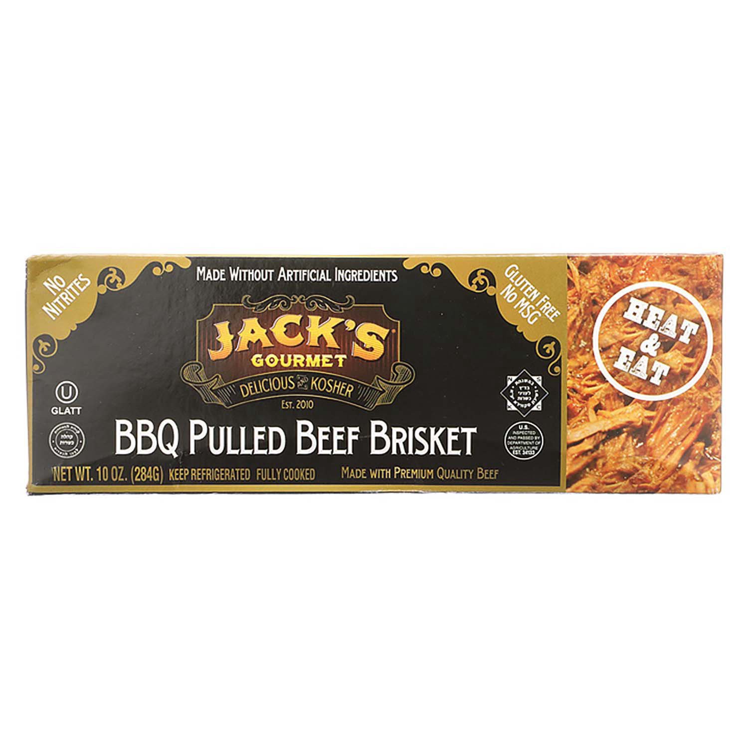 slide 1 of 1, Jack's Gourmet Jacks Gourmet Kosher Bbq Pulled Beef Brisket, 10 oz