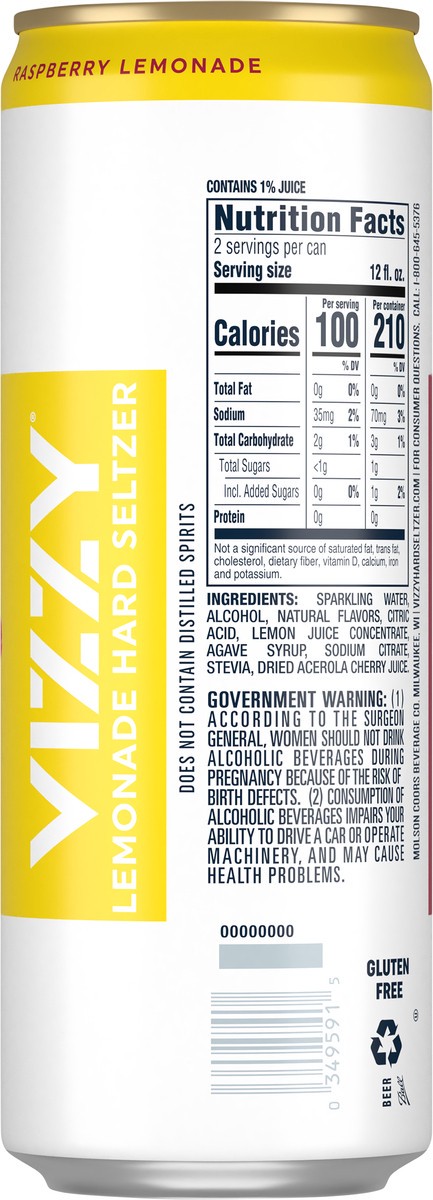 slide 3 of 7, Vizzy Raspberry Lemonade Hard Seltzer, Gluten Free, Seltzer Single, 24 FL OZ Can, 5% ABV, 24 fl oz