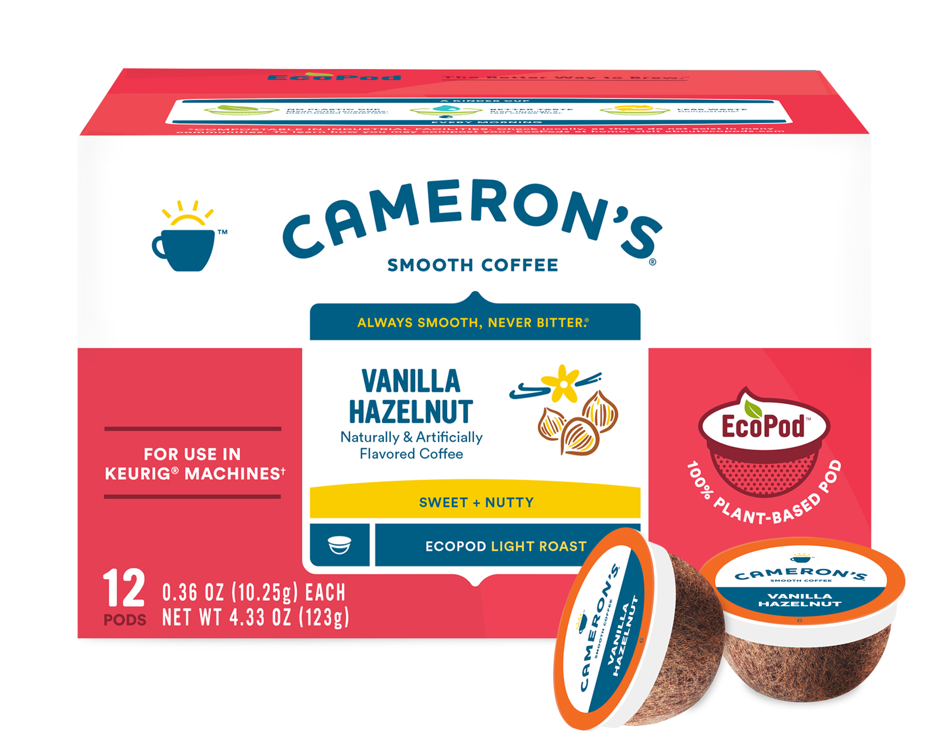 slide 1 of 9, Cameron's Coffee Single Serve Pods, Flavored, Vanilla Hazelnut, 12 Count, 4.33 oz