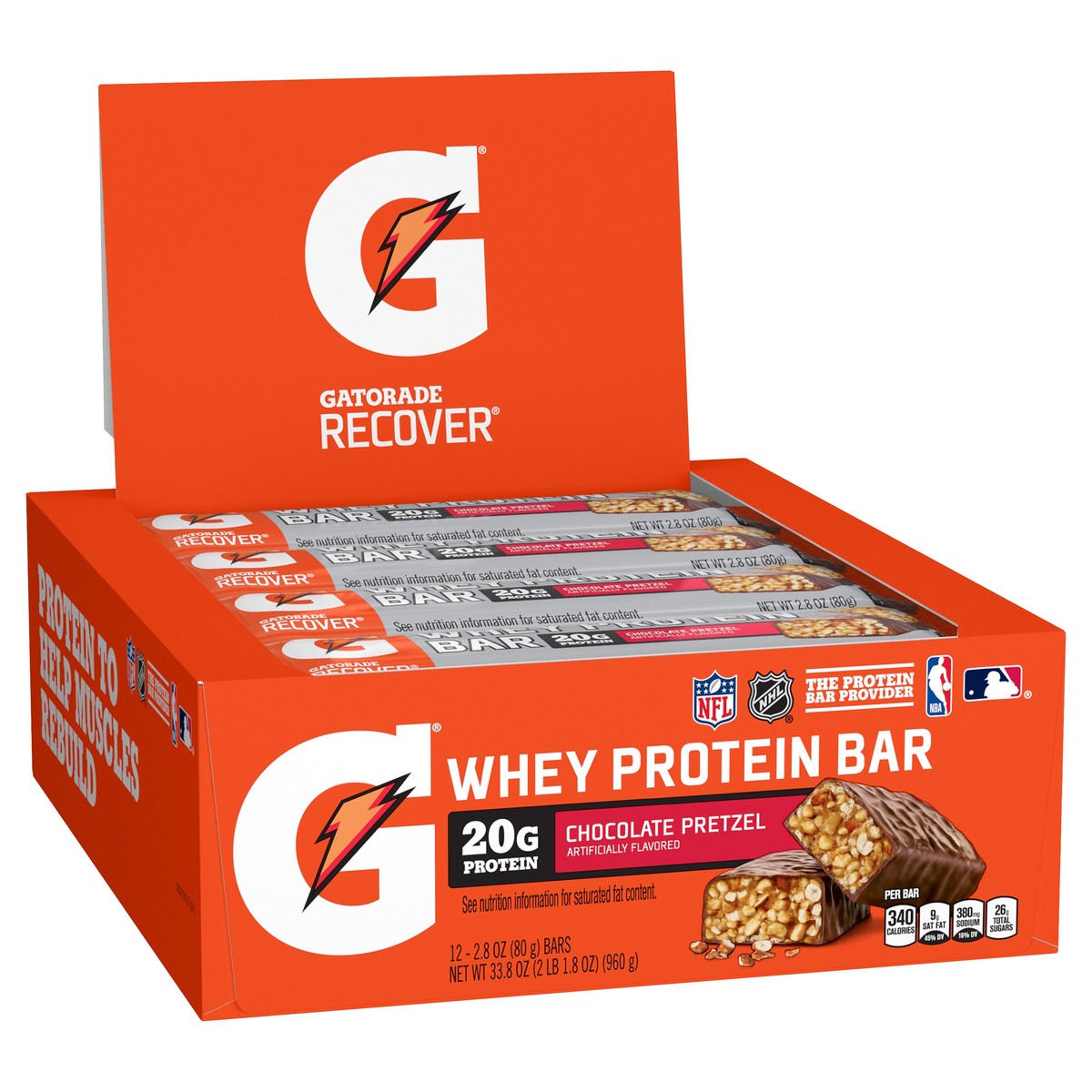 slide 4 of 6, Gatorade Whey Protein Bar, Chocolate Pretzel Artificially Flavored, 33.8 oz
