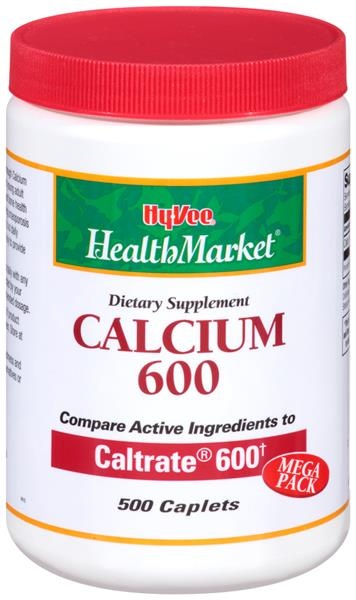 slide 1 of 1, Hy-Vee HealthMarket Calcium 600 Dietary Supplement Caplets, 500 ct