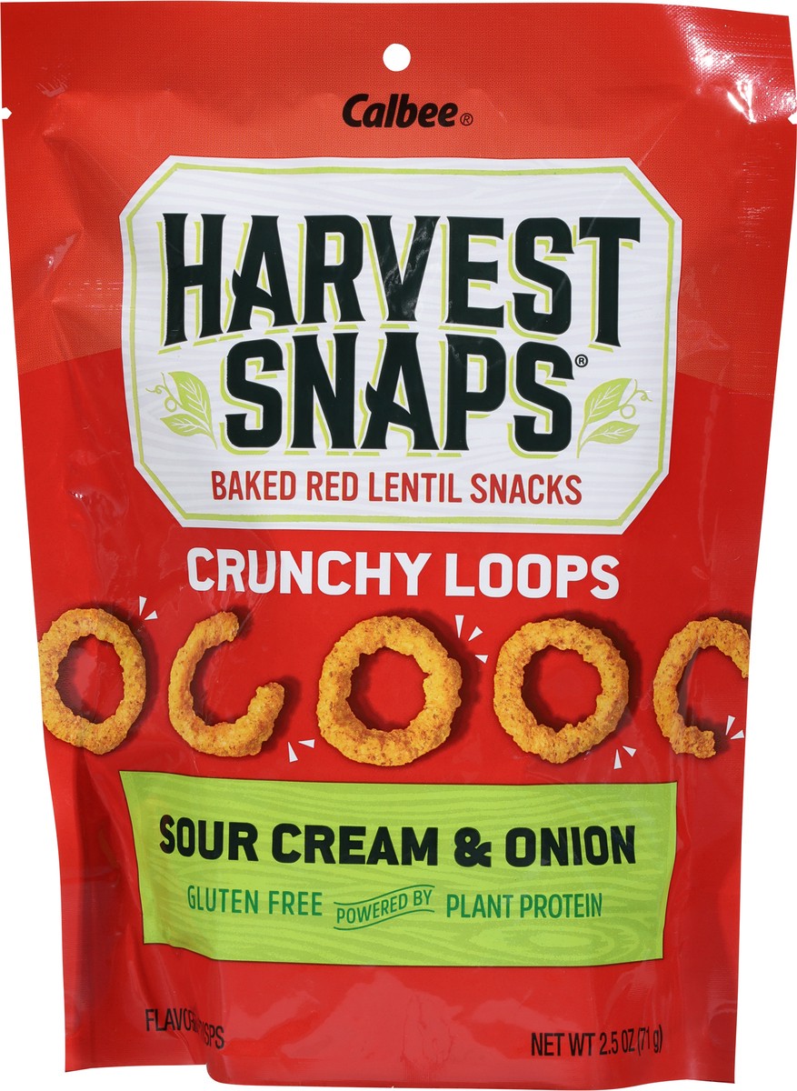 slide 2 of 10, Harvest Snaps Baked Crunchy Loops Sour Cream & Onion Red Lentil Snacks 2.5 oz, 1 ct