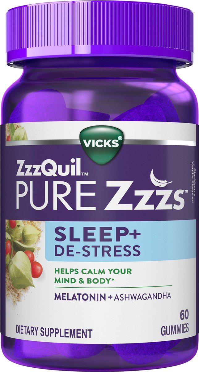 slide 2 of 2, Vicks ZzzQuil PURE Zzzs De-Stress Gummy, Melatonin Gummies, Sleep Aid, Melatonin 2mg, Ashwagandha for Stress Support, Melatonin Sleep Gummies, Sleep Aids for Adults, 60 Sleep Gummies, 60 ct